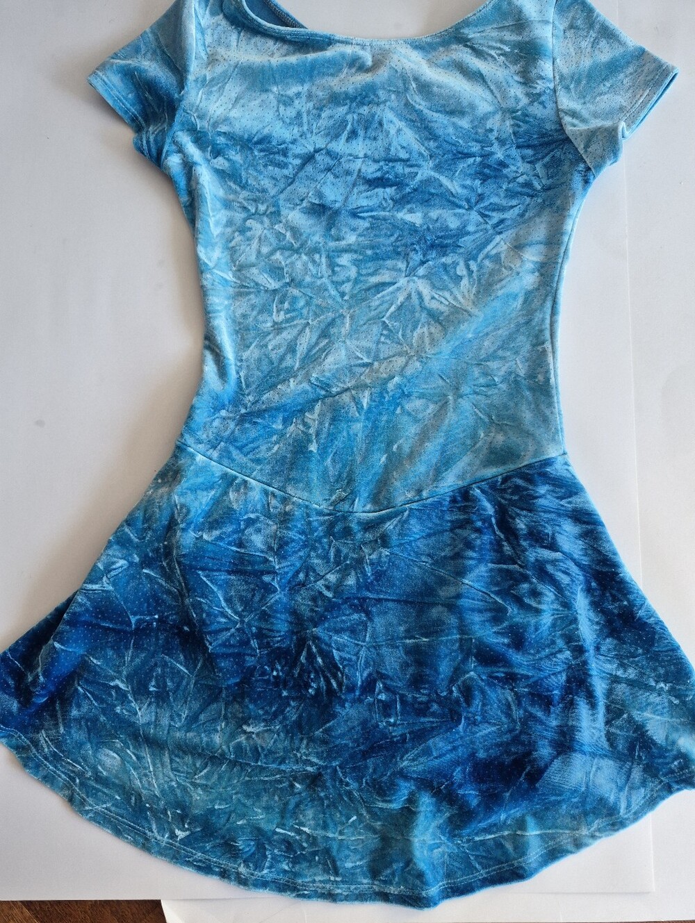 Blue Tie-Dye Velvet Short Sleeve Figure Skater Dress Adult Small